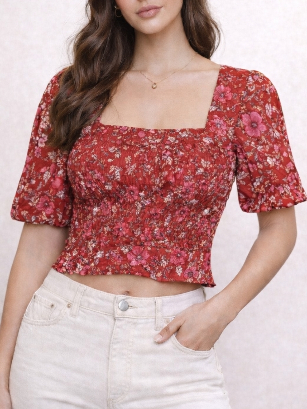 Band of the Free Joelle Smocked Crop Top Crimson Pink Floral XS Boho Coquette